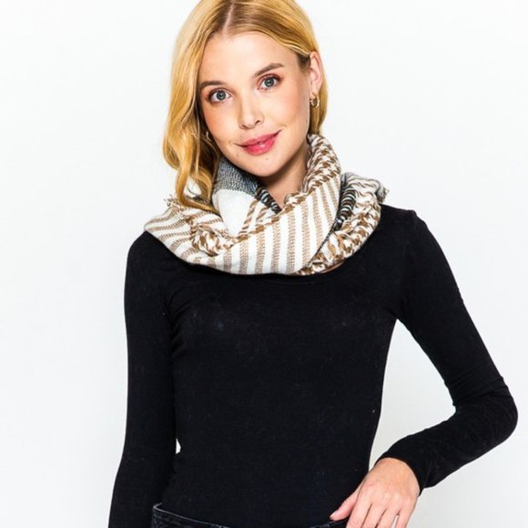 Houndstooth Plaid Triangle Scarf, Tan/Black/White - Picture 5 of 8